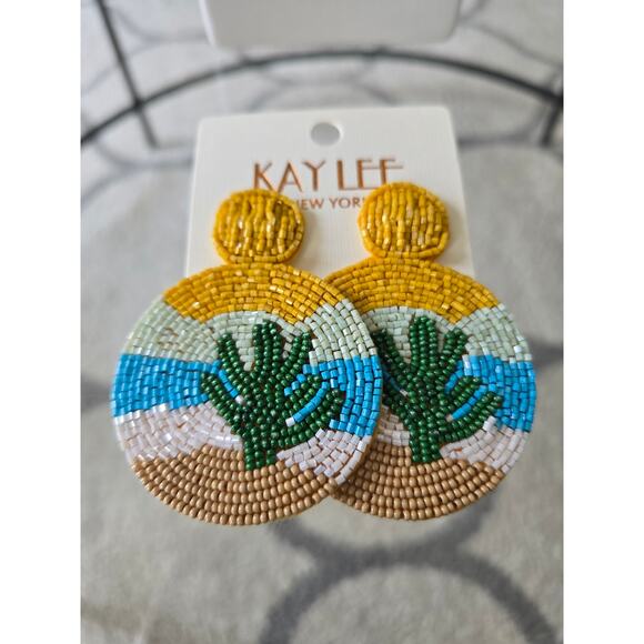 Kay Lee Yellow Beaded Circle Earrings New - Picture 1 of 4